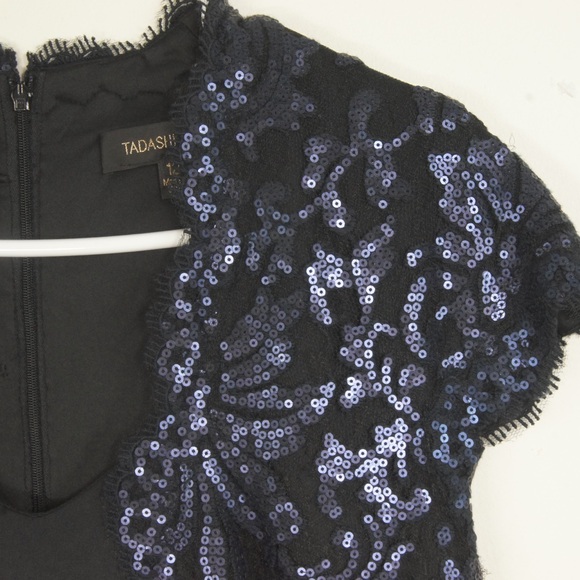 Tadashi Shoji Black Deep Navy Blue Sequin Lace Evening Dress - Picture 4 of 5